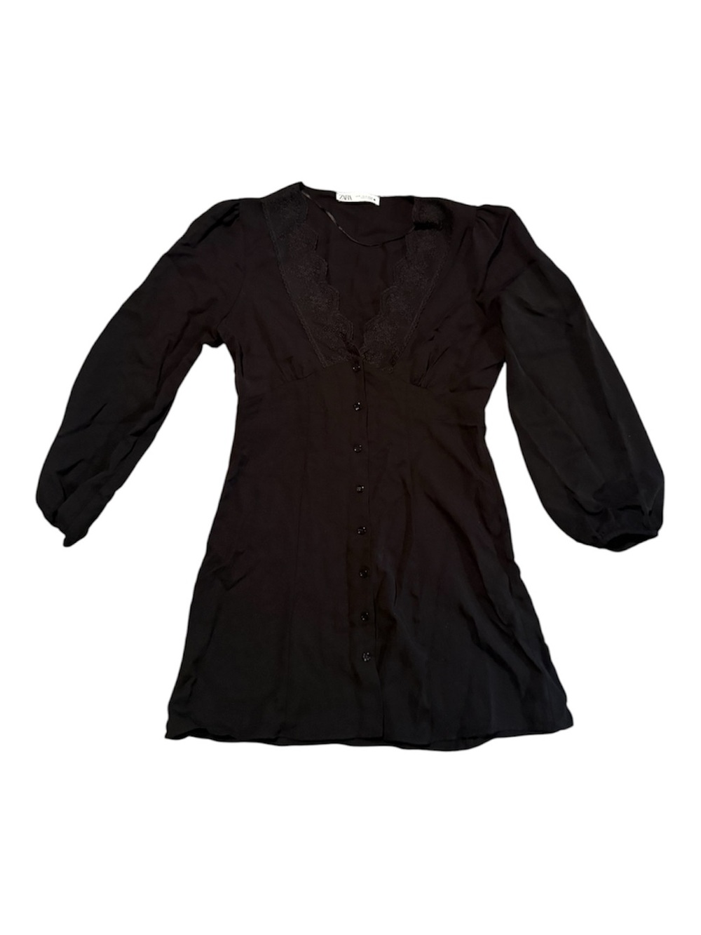 Zara Black Button Front Mini Dress with Lace Trim Balloon Lon Sleeve